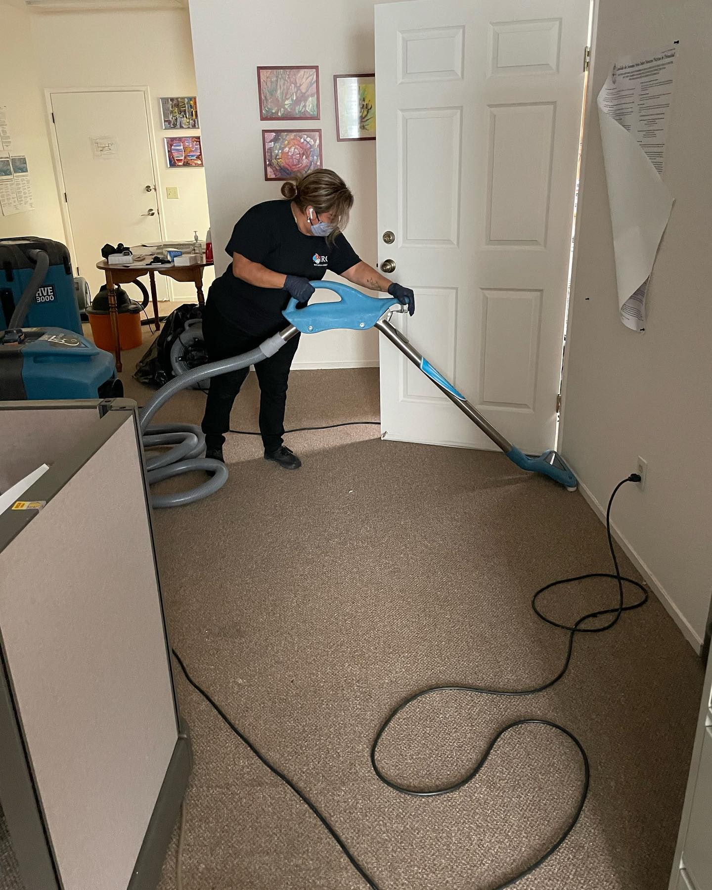 A person uses a steam cleaner to clean the carpet in a room with an open door, framed artwork on the wall, and cleaning equipment visible in the background, part of a thorough mold restoration process.